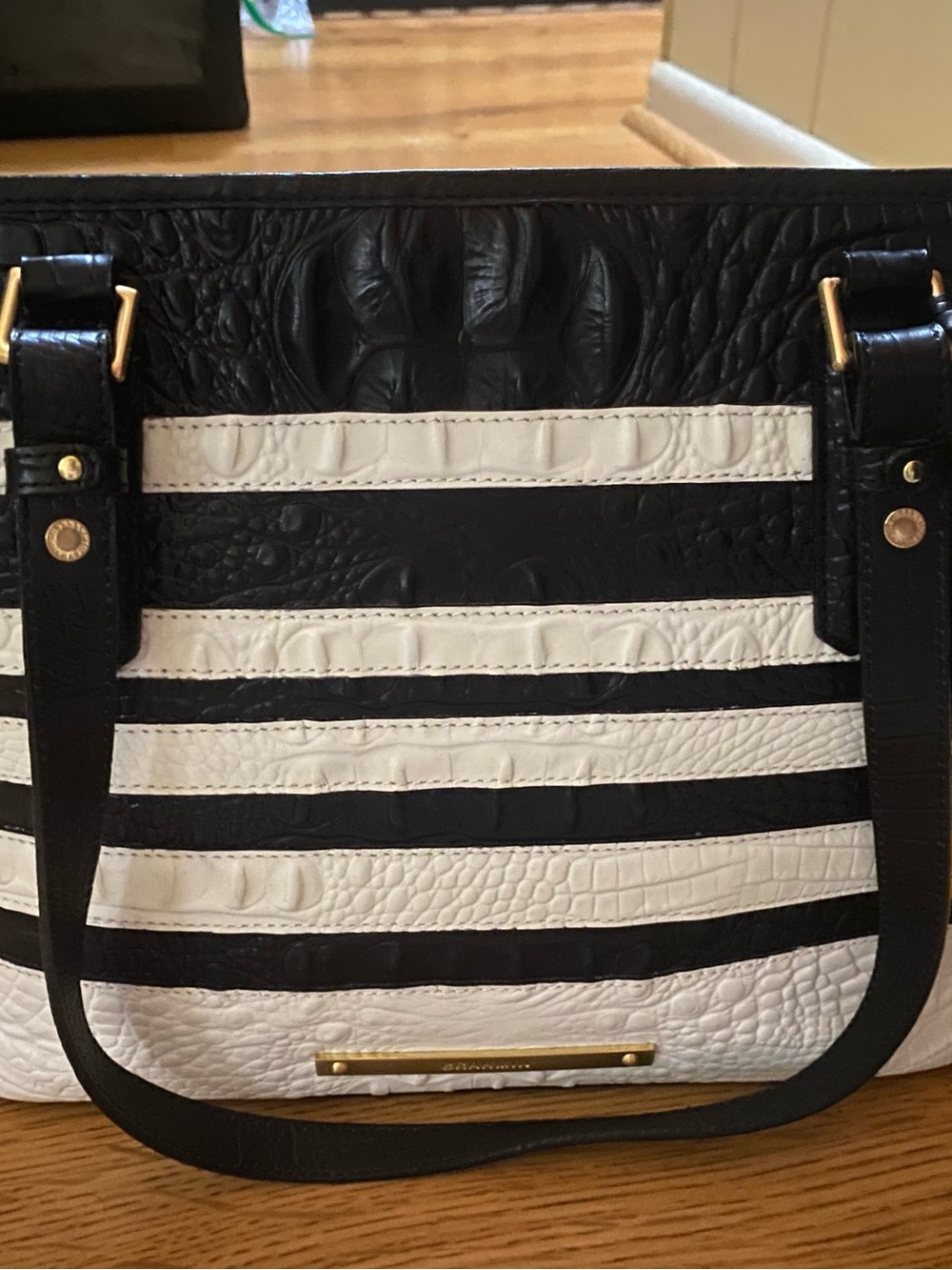 Authentic Brahmin Black and White Striped Leather Shoulder Bag Purse